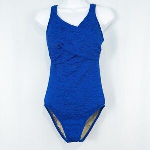 Penbrooke‎ Krinkle Crossover Chlorine Resistant One Piece Swimsuit 8L Royal Blue
